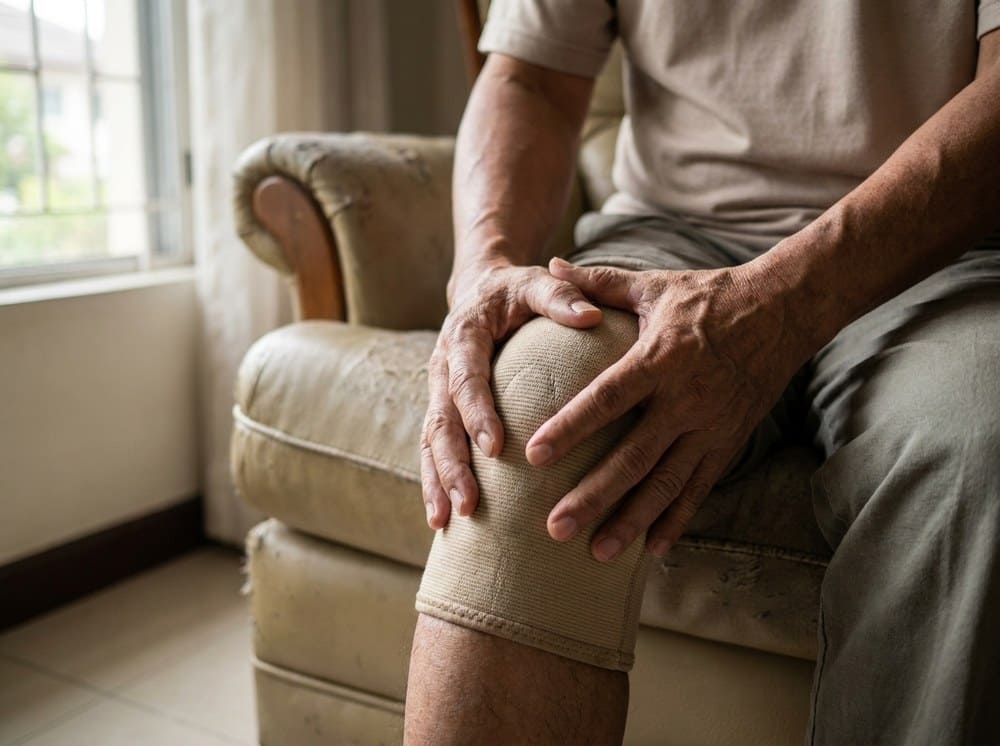 Filipino patient stretching a painful knee during a humid Manila afternoon