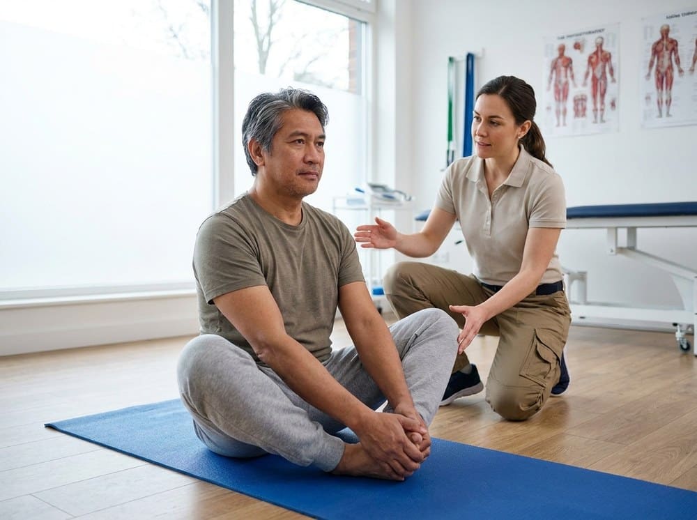 Middle-aged Filipino man holding his hip after standing up from a desk